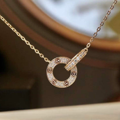 [Glitter Jewelry]LOVE 7.6MM NECKLACE ROSE GOLD AND SILVER  FULL DIAMOND
