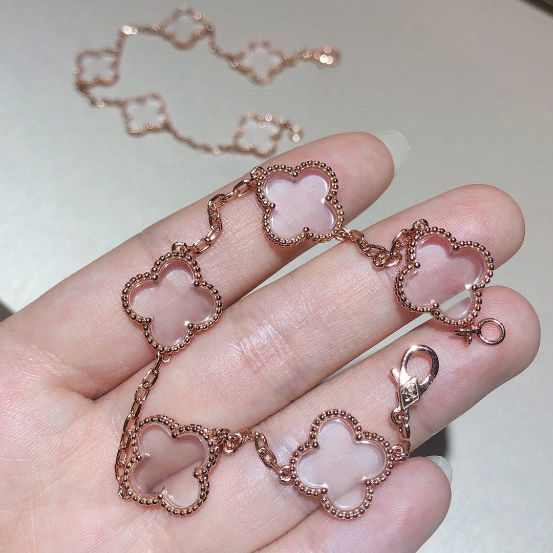 [Glitter Jewelry]CLOVER 5 MOTIF ROCK CRYSTAL PINK GOLD BRACELET