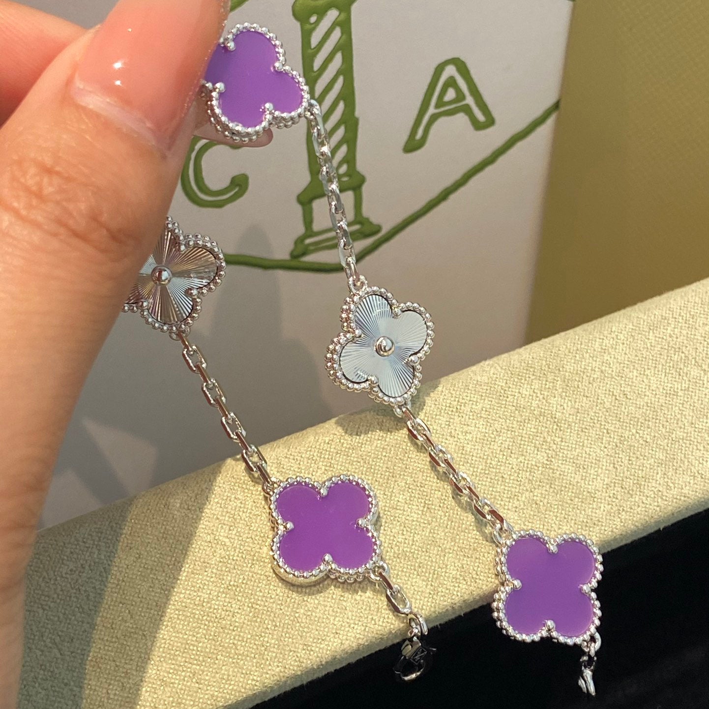 [Glitter Jewelry]CLOVER  5 MOTIFS  PURPLE VIOLET BRACELET SILVER