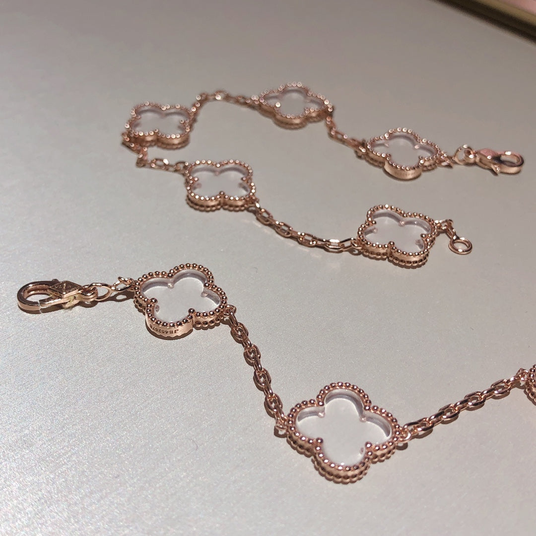 [Glitter Jewelry]CLOVER 5 MOTIF ROCK CRYSTAL PINK GOLD BRACELET
