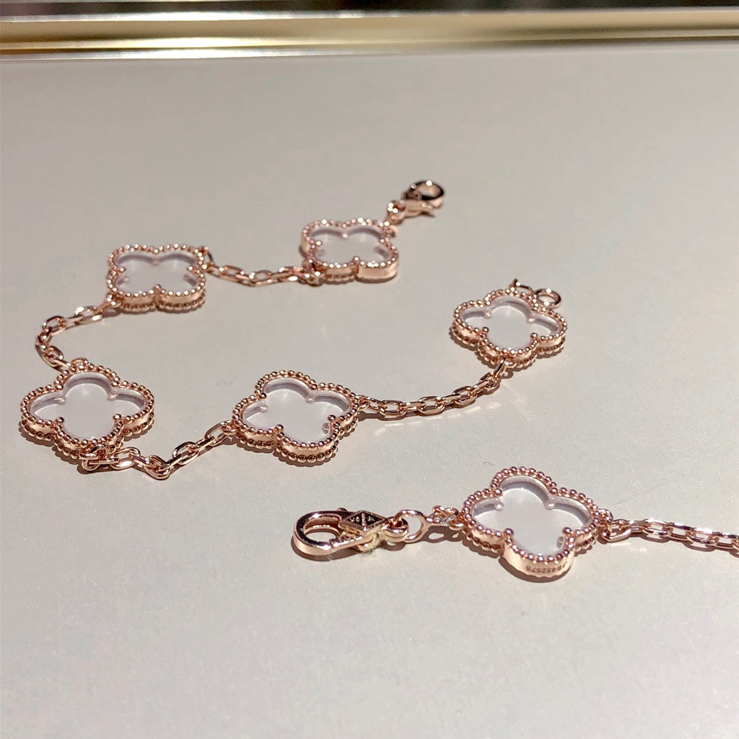 [Glitter Jewelry]CLOVER 5 MOTIF ROCK CRYSTAL PINK GOLD BRACELET