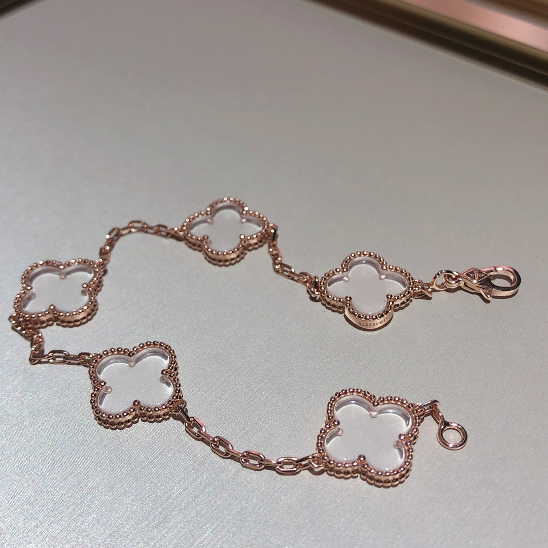 [Glitter Jewelry]CLOVER 5 MOTIF ROCK CRYSTAL PINK GOLD BRACELET