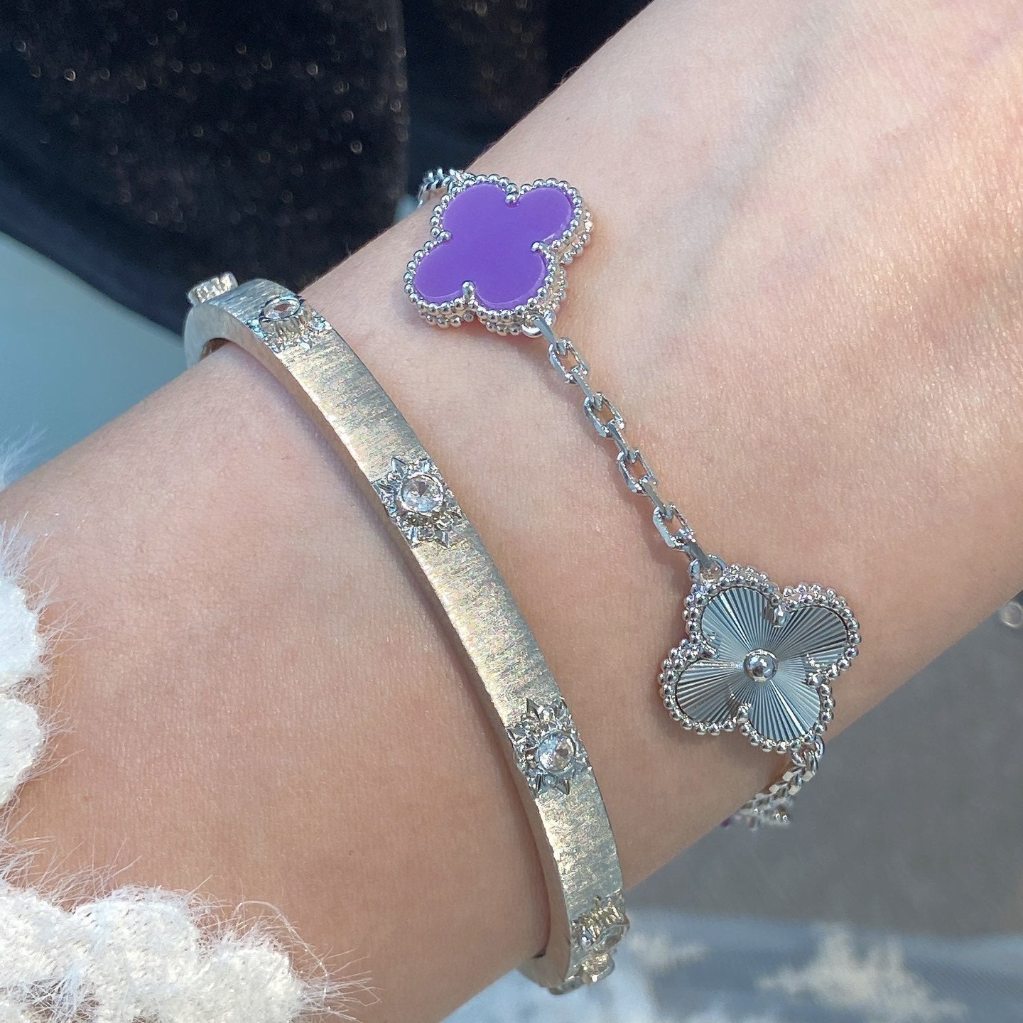 [Glitter Jewelry]CLOVER  5 MOTIFS  PURPLE VIOLET BRACELET SILVER