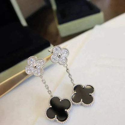 [Glitter Jewelry]CLOVER 2 MOTIFS  DIAMOND ONYX EARRINGS SILVER