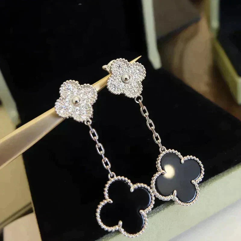 [Glitter Jewelry]CLOVER 2 MOTIFS  DIAMOND ONYX EARRINGS SILVER