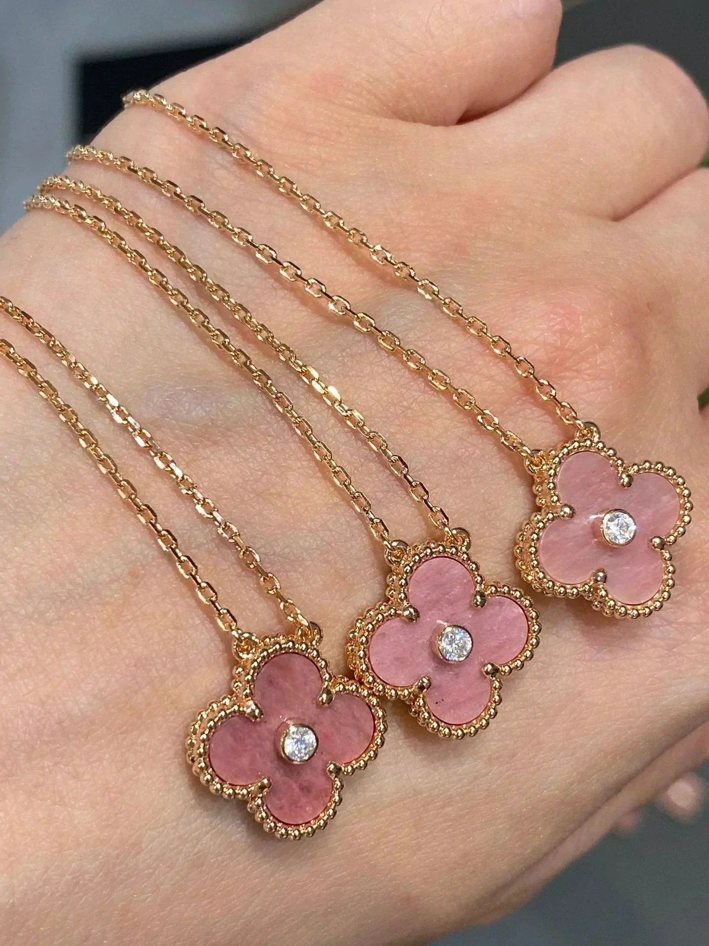 [Glitter Jewelry]CLOVER 15MM DIAMOND RHODONITE NECKLACE
