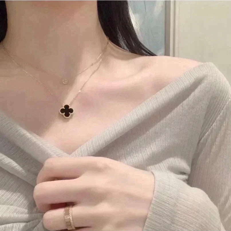 [Glitter Jewelry]CLOVER 15MM BLACK ONYX SINGLE FLOWER NECKLACE