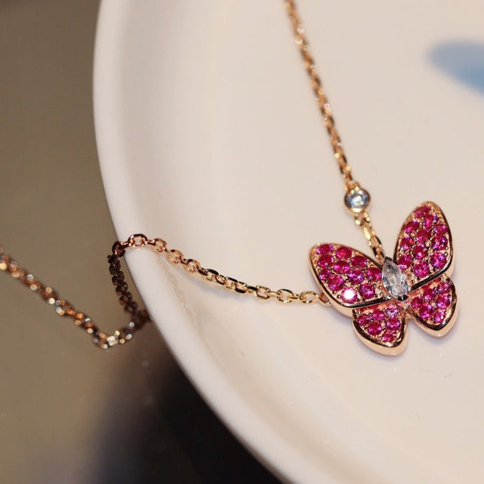 [Glitter Jewelry]BUTTERFLY RED DIAMOND ROSE GOLD NECKLACE