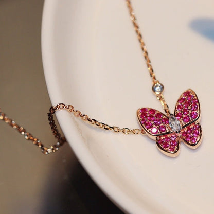 [Glitter Jewelry]BUTTERFLY RED DIAMOND ROSE GOLD NECKLACE