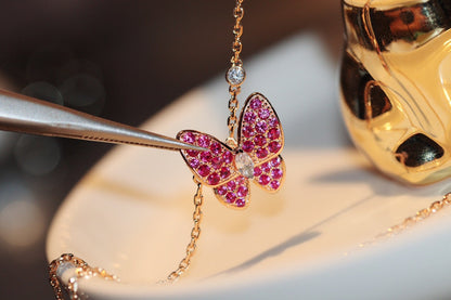 [Glitter Jewelry]BUTTERFLY RED DIAMOND ROSE GOLD NECKLACE