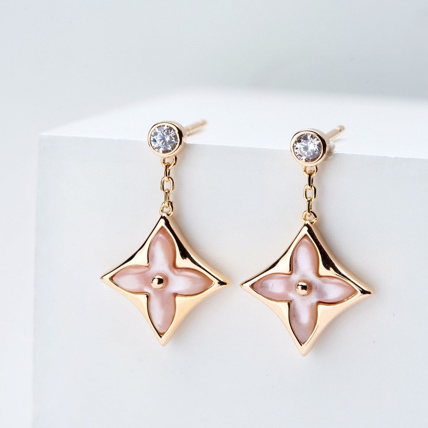 [Glitter Jewelry]DOUBLE STAR PINK GOLD MOP DROP EARRINGS