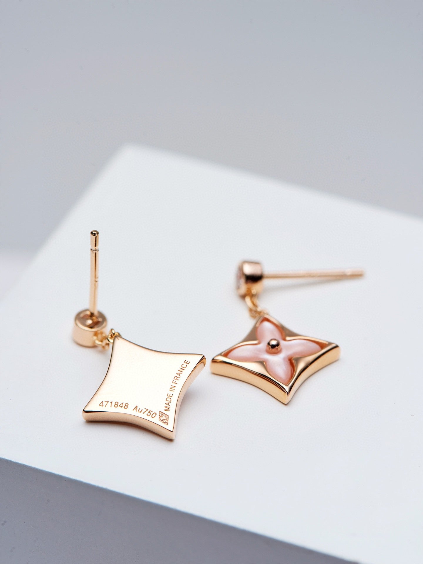[Glitter Jewelry]DOUBLE STAR PINK GOLD MOP DROP EARRINGS