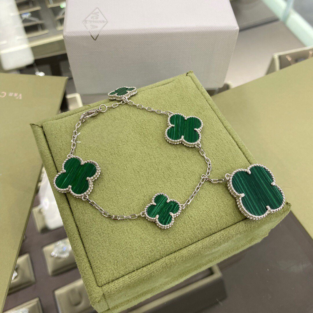 [Glitter Jewelry]CLOVER 5 MOTIFS SIVLER MALACHITE BRACELET