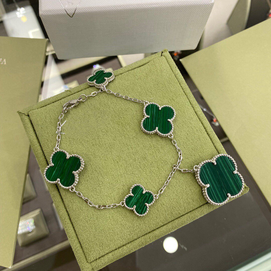 [Glitter Jewelry]CLOVER 5 MOTIFS SIVLER MALACHITE BRACELET