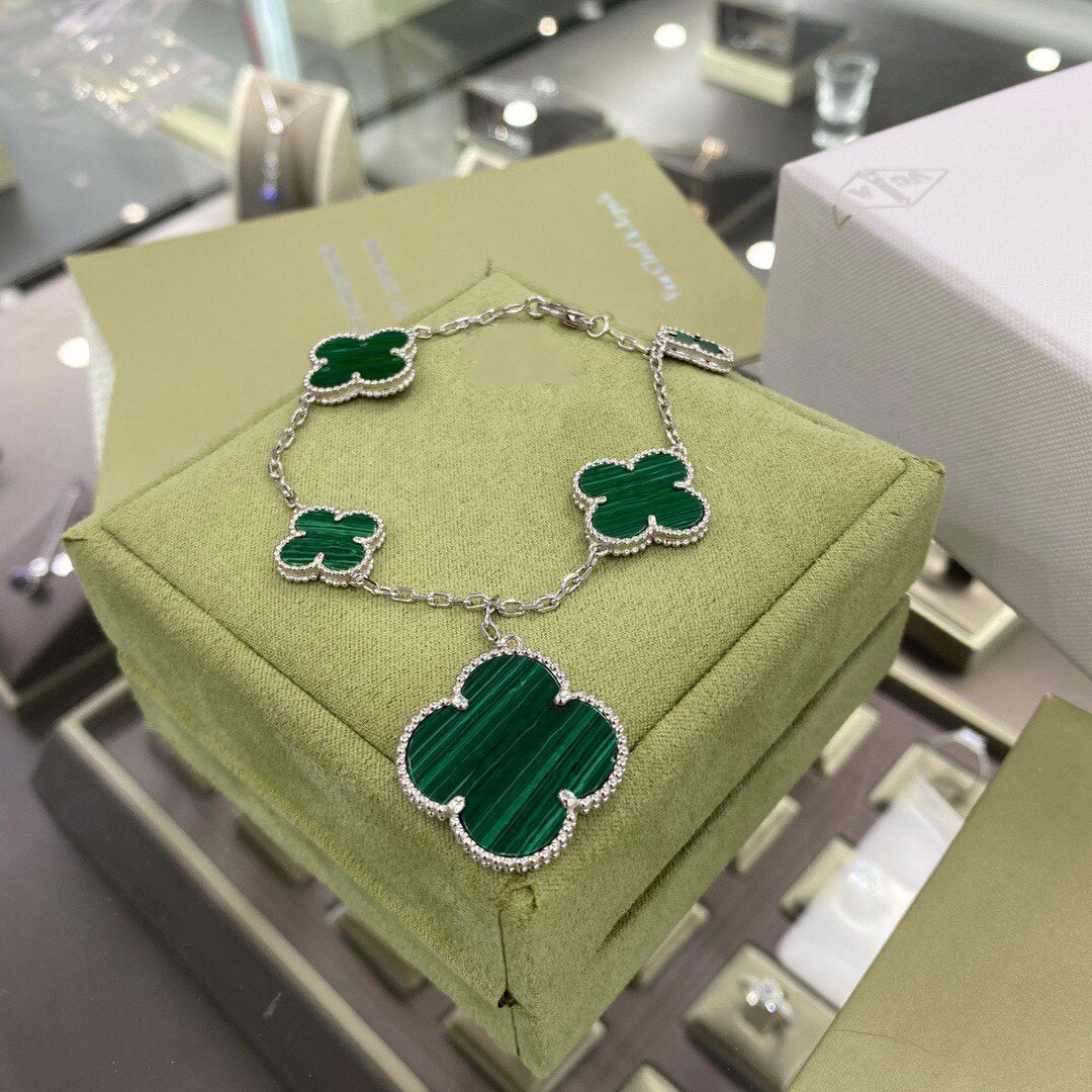 [Glitter Jewelry]CLOVER 5 MOTIFS SIVLER MALACHITE BRACELET