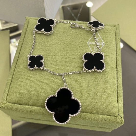 [Glitter Jewelry]CLOVER 5 MOTIFS SIVLER ONYX BRACELET