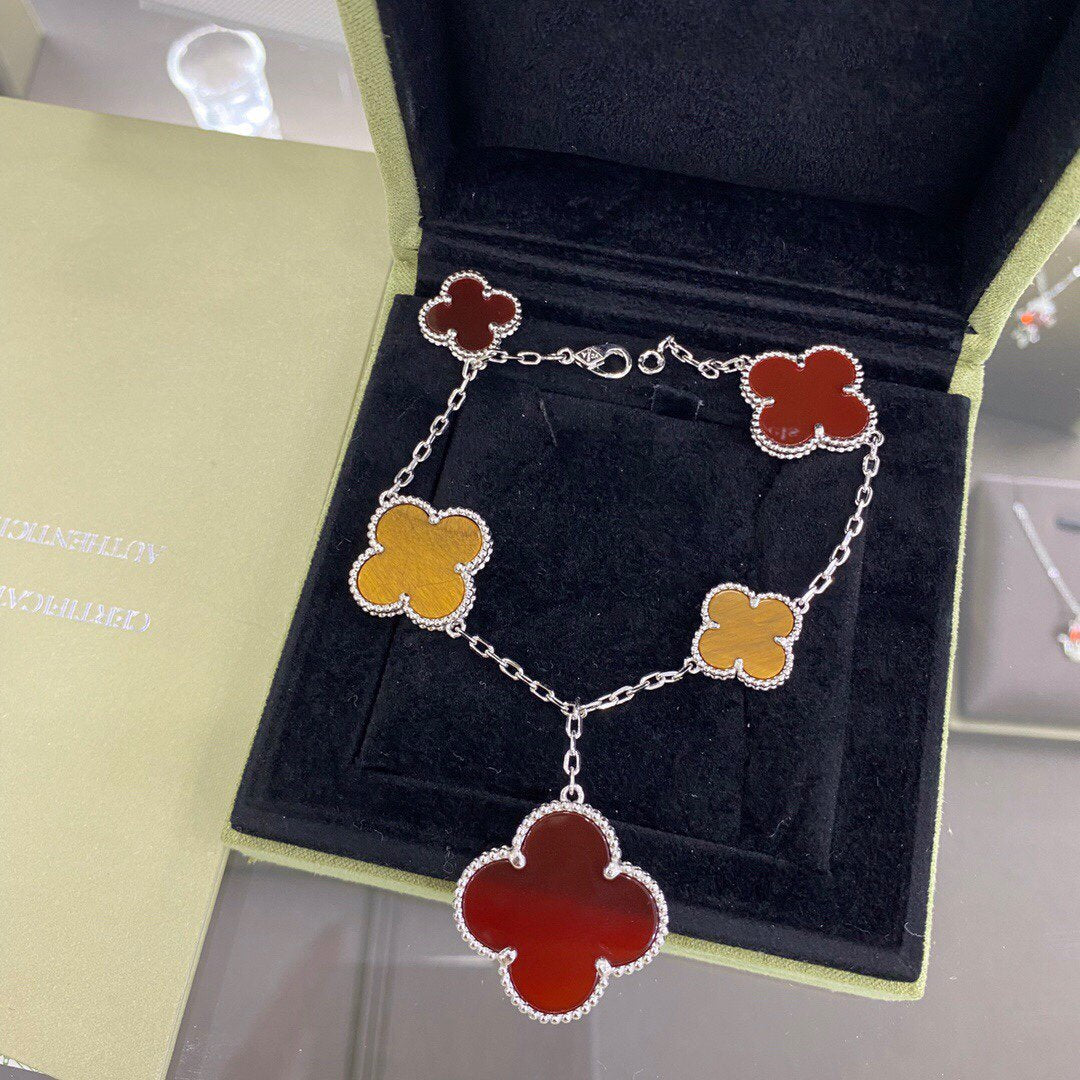 [Glitter Jewelry]CLOVER 5 MOTIFS SIVLER CARNELIAN TIGER EYE BRACELET