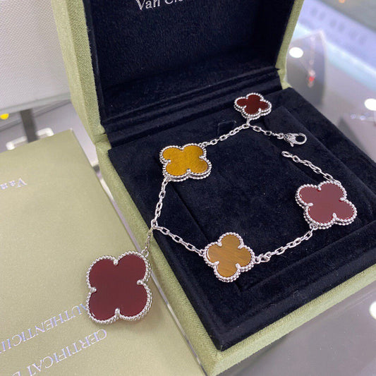[Glitter Jewelry]CLOVER 5 MOTIFS SIVLER CARNELIAN TIGER EYE BRACELET