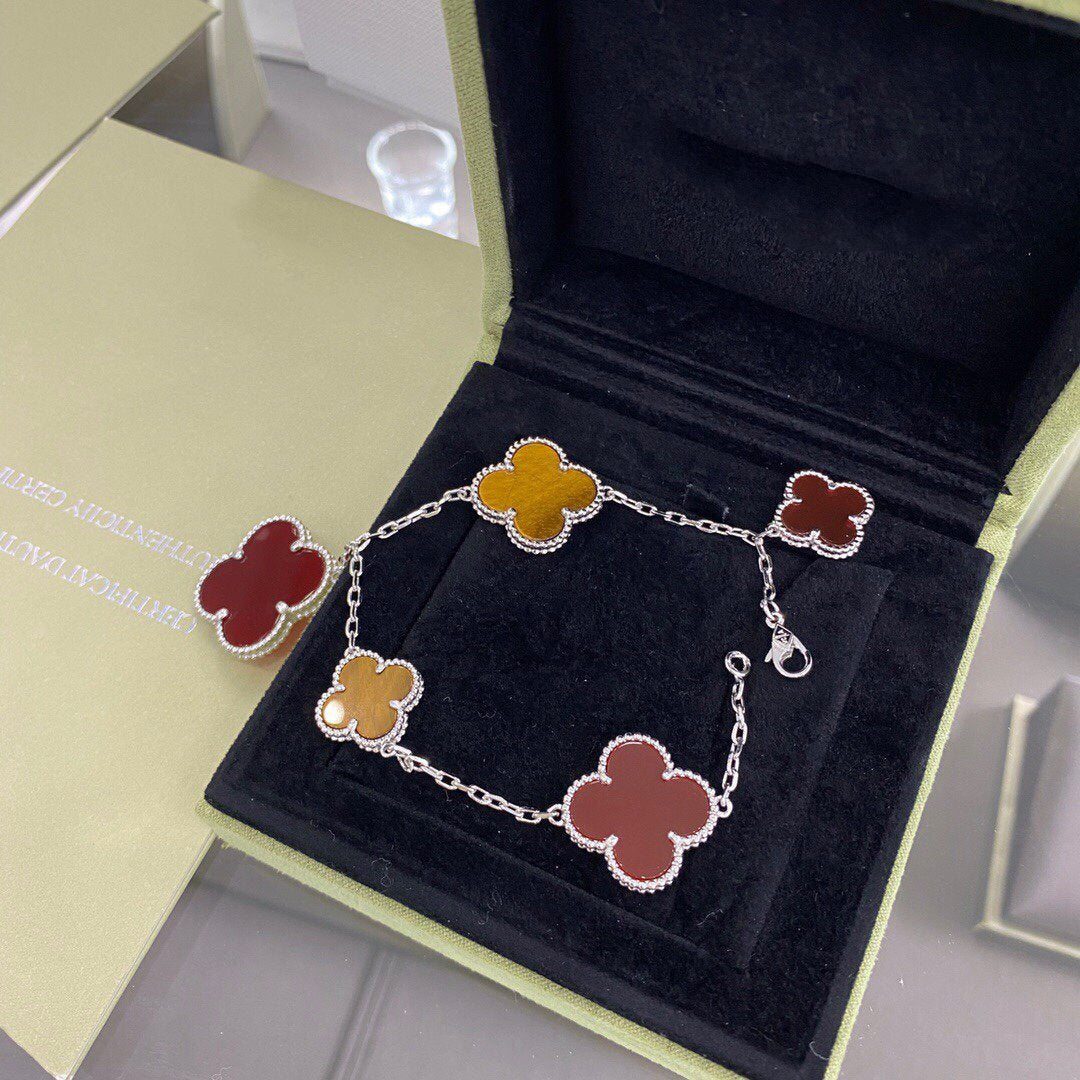 [Glitter Jewelry]CLOVER 5 MOTIFS SIVLER CARNELIAN TIGER EYE BRACELET
