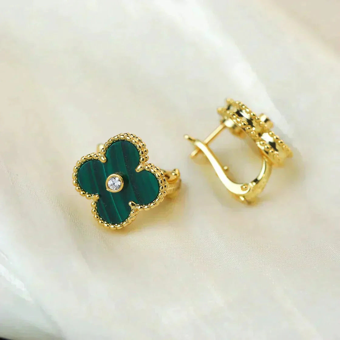 [Glitter Jewelry]CLOVER MEDIUM 1 MOTIFS MALACHITE DIAMOND EARRINGS