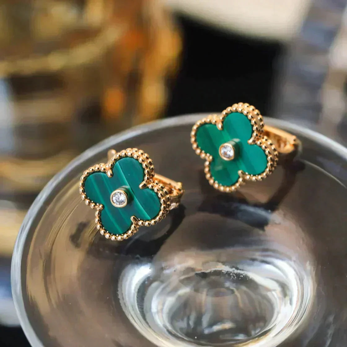 [Glitter Jewelry]CLOVER MEDIUM 1 MOTIFS MALACHITE DIAMOND EARRINGS