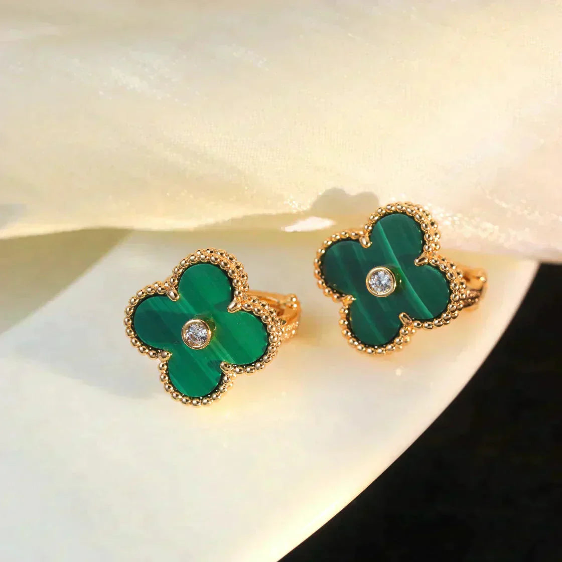 [Glitter Jewelry]CLOVER MEDIUM 1 MOTIFS MALACHITE DIAMOND EARRINGS