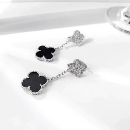 [Glitter Jewelry]CLOVER 2 MOTIFS  DIAMOND ONYX EARRINGS SILVER