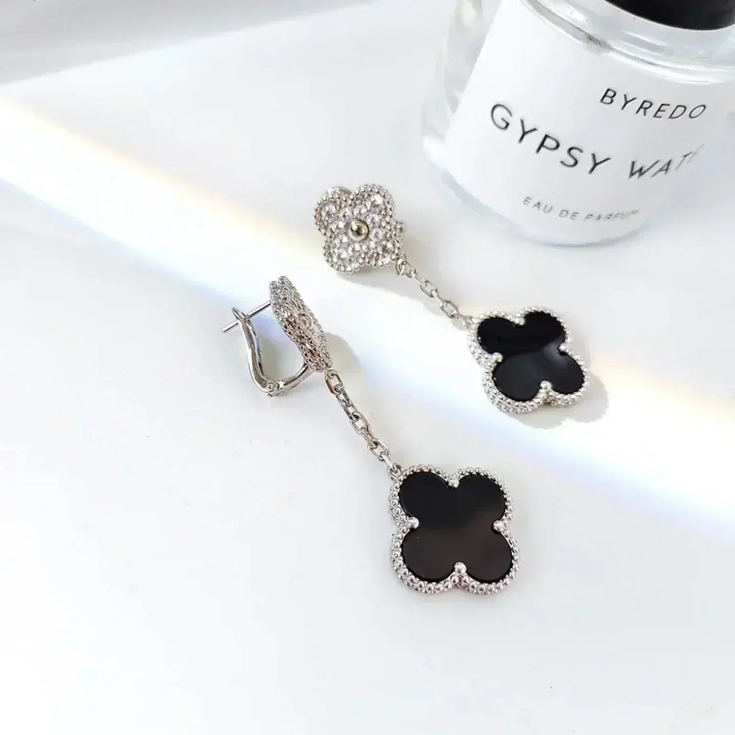 [Glitter Jewelry]CLOVER 2 MOTIFS  DIAMOND ONYX EARRINGS SILVER