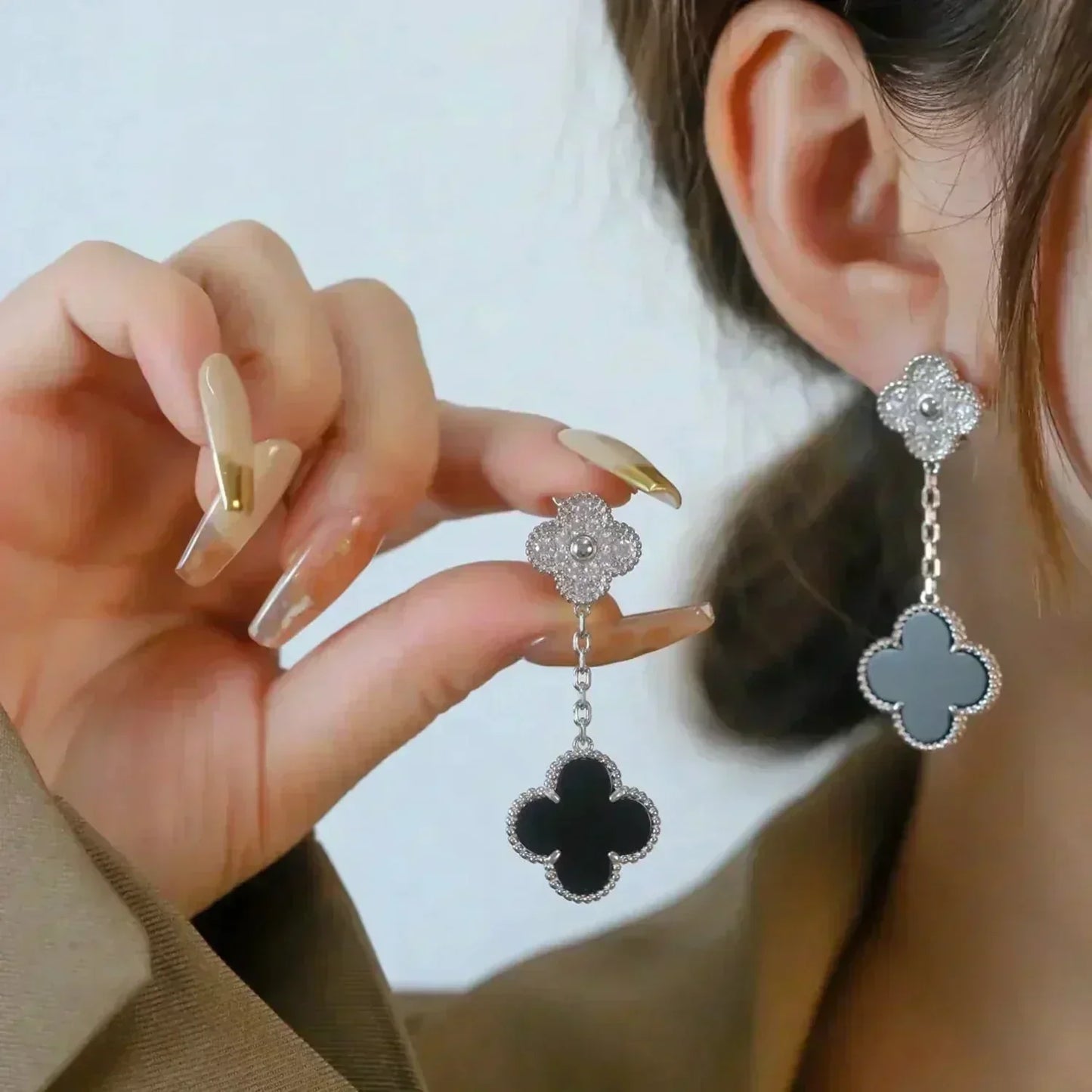[Glitter Jewelry]CLOVER 2 MOTIFS  DIAMOND ONYX EARRINGS SILVER