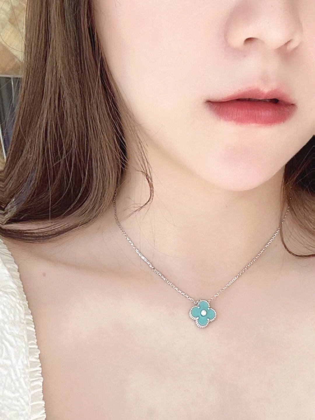 [Glitter Jewelry]CLOVER 1 DIAMOND LIGHT BLUE SILVER NECKLACE