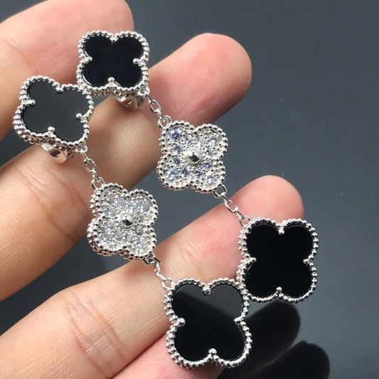 [Glitter Jewelry]CLOVER 3 MOTIF DIAMOND ONYX SILVER EARRINGS
