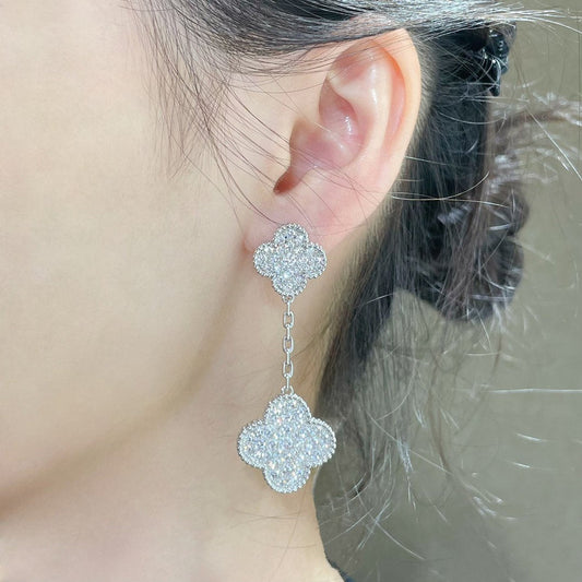 [Glitter Jewelry]CLOVER 2 MOTIFS DIAMOND PAVED SILVER EARRINGS