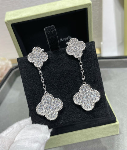 [Glitter Jewelry]CLOVER 2 MOTIFS DIAMOND PAVED SILVER EARRINGS