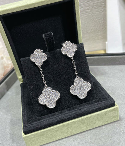 [Glitter Jewelry]CLOVER 2 MOTIFS DIAMOND PAVED SILVER EARRINGS