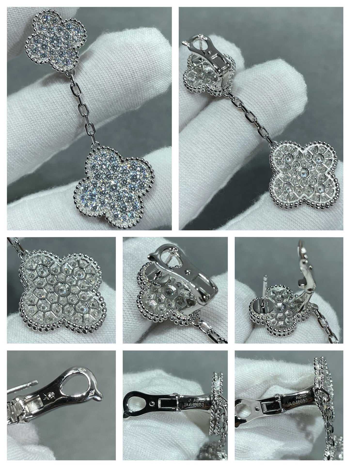 [Glitter Jewelry]CLOVER 2 MOTIFS DIAMOND PAVED SILVER EARRINGS