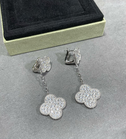 [Glitter Jewelry]CLOVER 2 MOTIFS DIAMOND PAVED SILVER EARRINGS