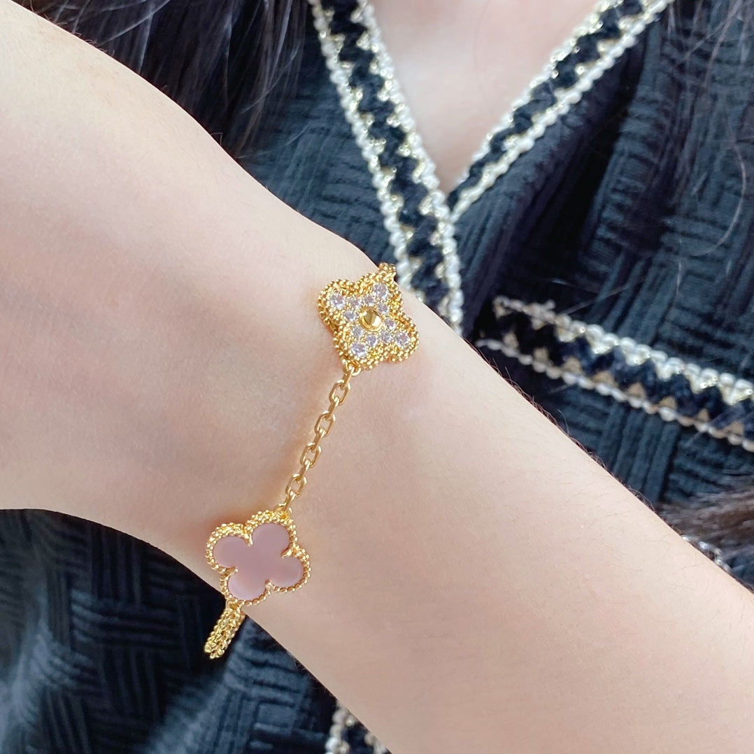[Glitter Jewelry]CLOVER 5 MOTIF DIAMOND PINK MOP PINK GOLD BRACELET