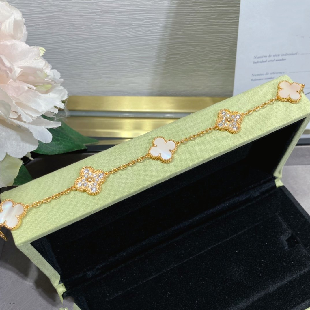 [Glitter Jewelry]CLOVER 5 MOTIF DIAMOND PINK MOP PINK GOLD BRACELET