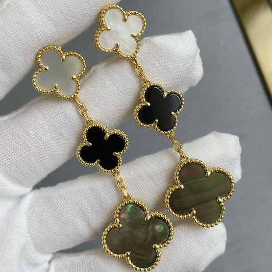 [Glitter Jewelry]CLOVER 3 MOTIF MOP ONYX DARK MOP PINK GOLD EARRINGS