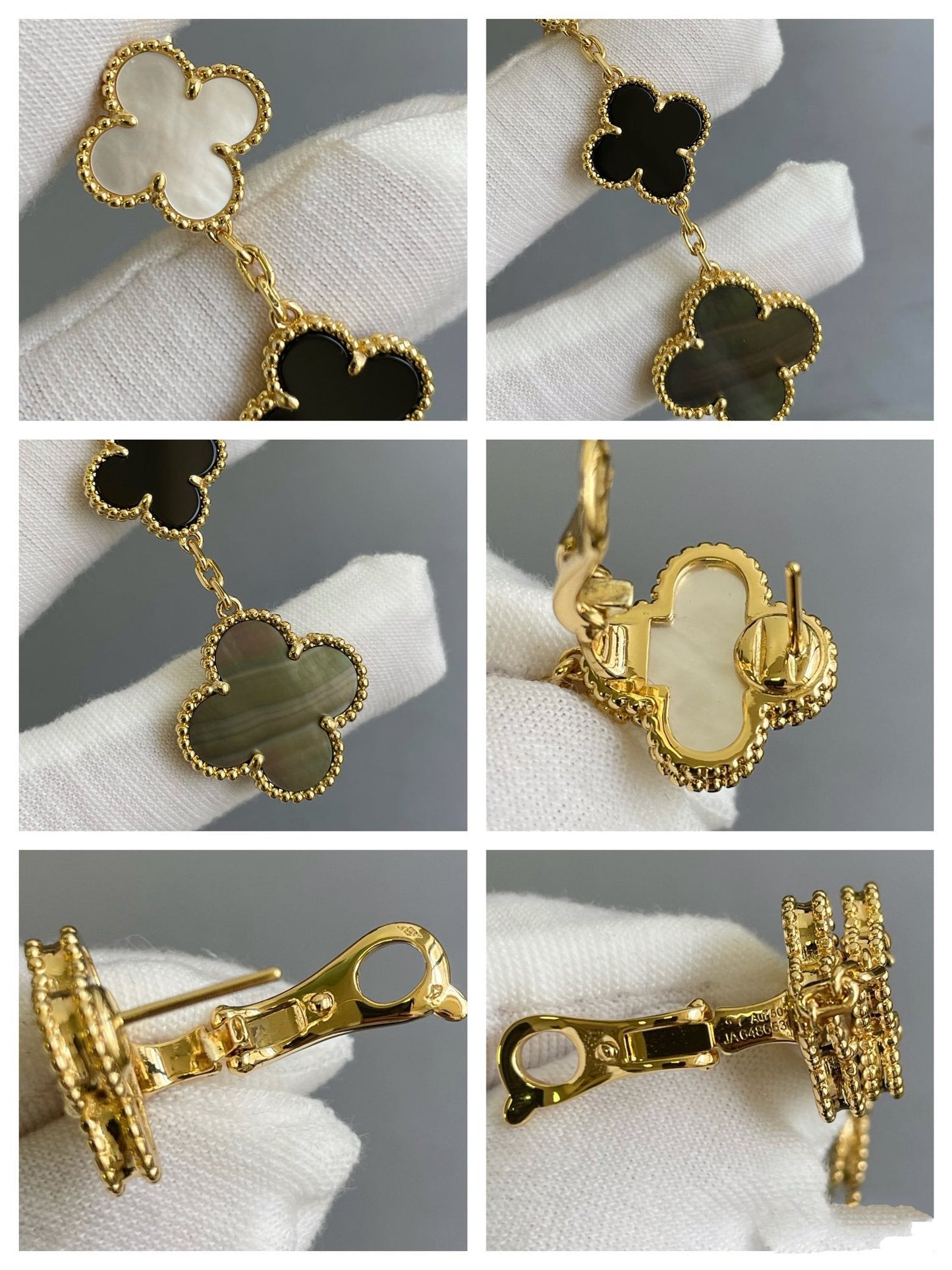 [Glitter Jewelry]CLOVER 3 MOTIF MOP ONYX DARK MOP PINK GOLD EARRINGS