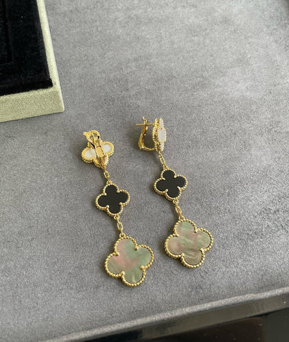 [Glitter Jewelry]CLOVER 3 MOTIF MOP ONYX DARK MOP PINK GOLD EARRINGS