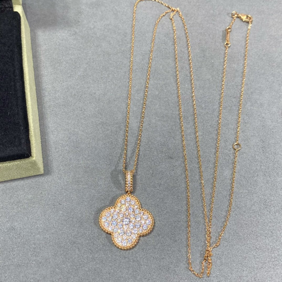 [Glitter Jewelry]CLOVER 25MM LARGE PEDANT DIAMOND PAVED LONG NECKLACE