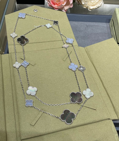 [Glitter Jewelry]CLOVER 16 MOTIF CHALCEDONY MOP SILVER NECKLACE