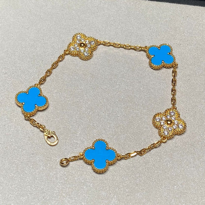 [Glitter Jewelry]CLOVER 5 MOTIF BLUE CHALCEDONY DIAMOND GOLD BRACELET