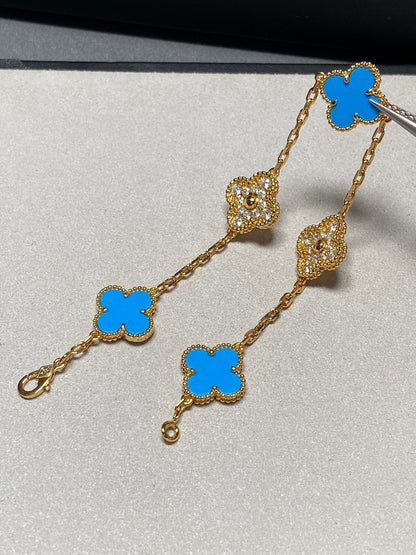 [Glitter Jewelry]CLOVER 5 MOTIF BLUE CHALCEDONY DIAMOND GOLD BRACELET