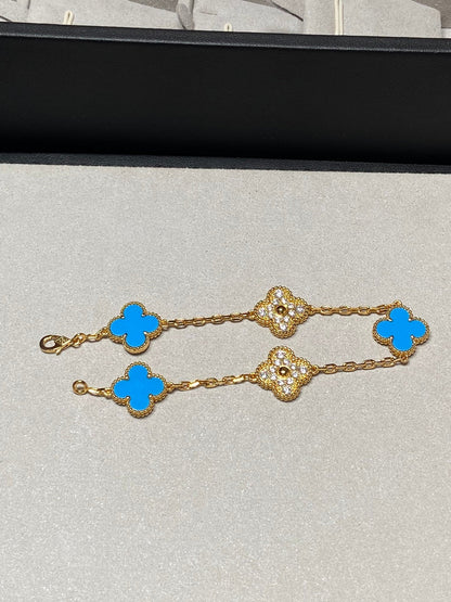 [Glitter Jewelry]CLOVER 5 MOTIF BLUE CHALCEDONY DIAMOND GOLD BRACELET