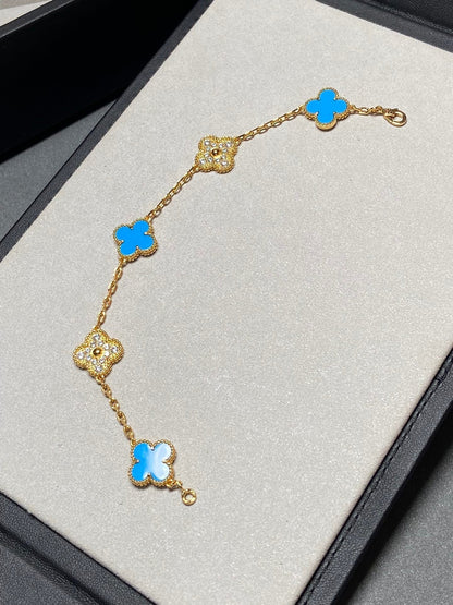 [Glitter Jewelry]CLOVER 5 MOTIF BLUE CHALCEDONY DIAMOND GOLD BRACELET