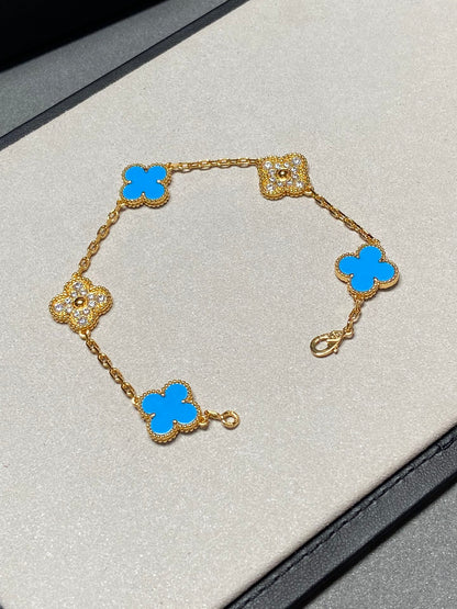 [Glitter Jewelry]CLOVER 5 MOTIF BLUE CHALCEDONY DIAMOND GOLD BRACELET