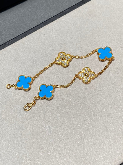 [Glitter Jewelry]CLOVER 5 MOTIF BLUE CHALCEDONY DIAMOND GOLD BRACELET