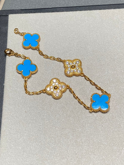 [Glitter Jewelry]CLOVER 5 MOTIF BLUE CHALCEDONY DIAMOND GOLD BRACELET